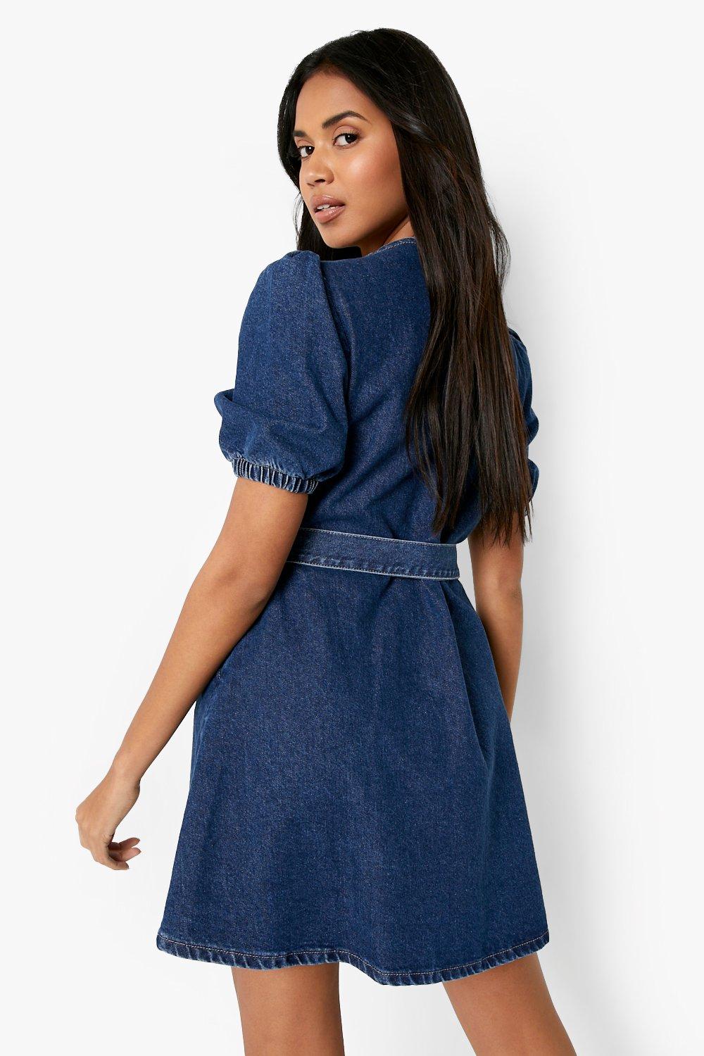 Boohoo denim v neck dress with puff hotsell sleeve in white